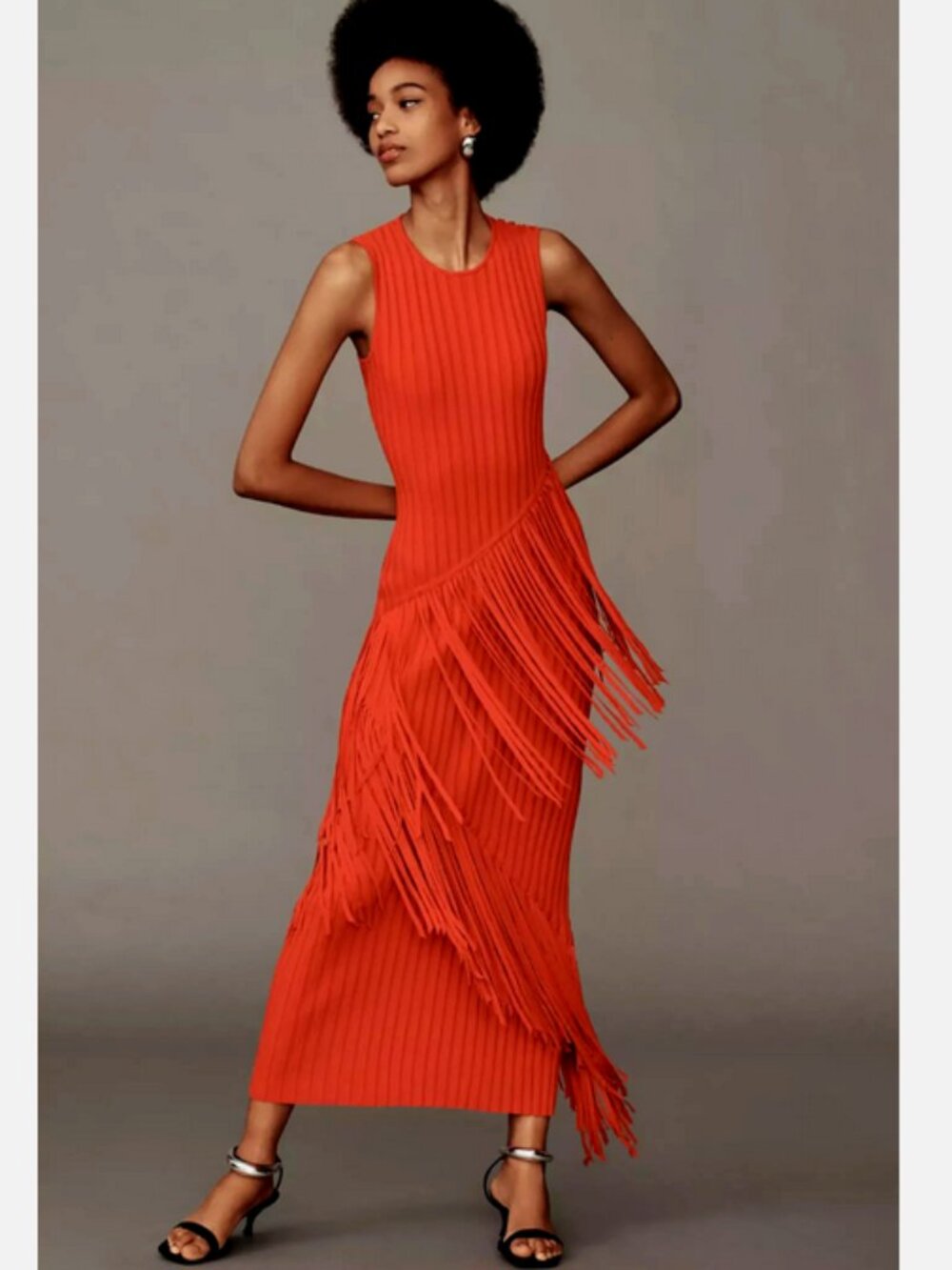 SIMON MILLER Spiral Knit Fringe Bodycon Maxi Dress Paprika L NWT Anthropologie